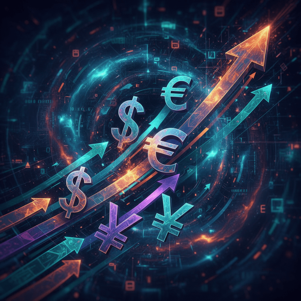 Multiple 3D currency symbols and upward arrows set against a swirling digital background.