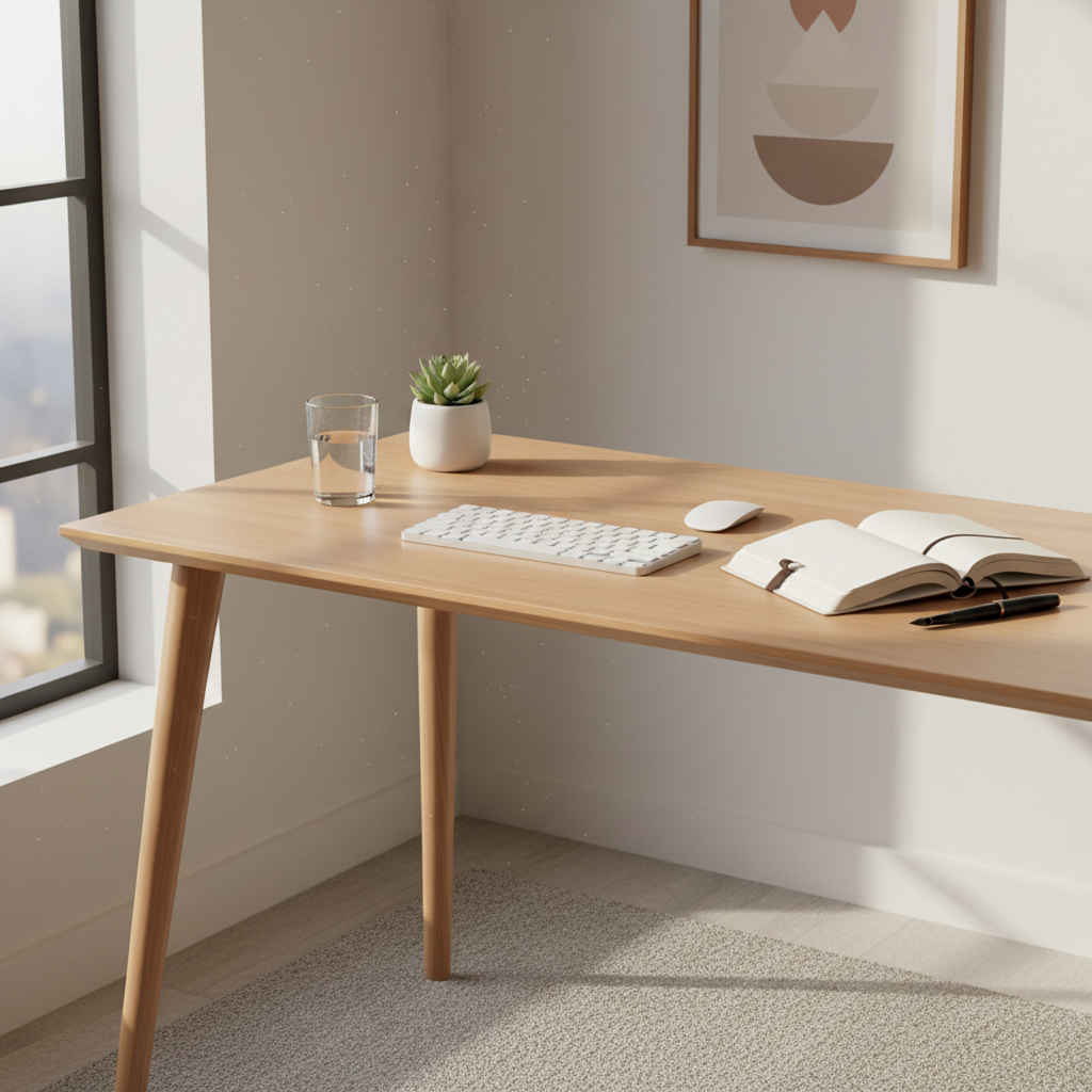 Minimalist wooden desk with a keyboard, notebook, and small plant in a sunlit room.