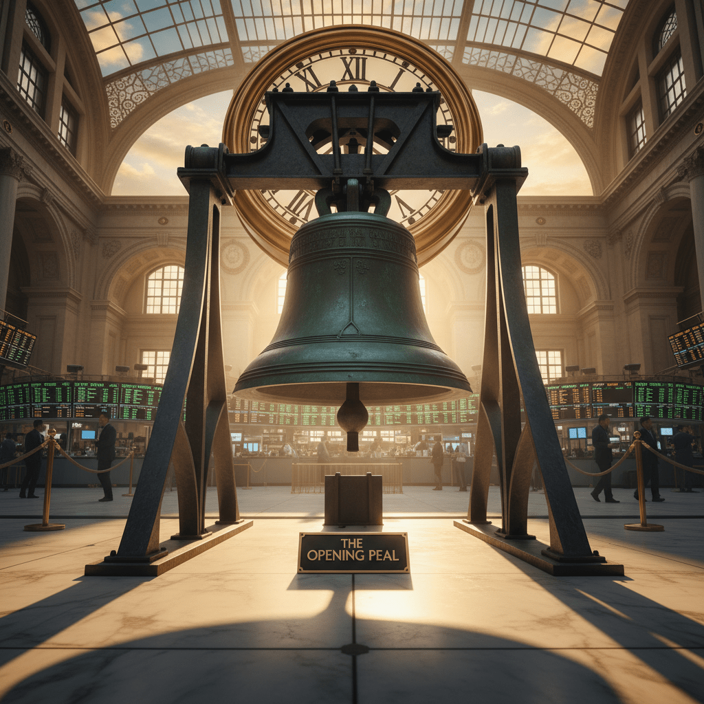 Large bronze bell with 'The Opening Peal' plaque in a grand stock exchange hall.