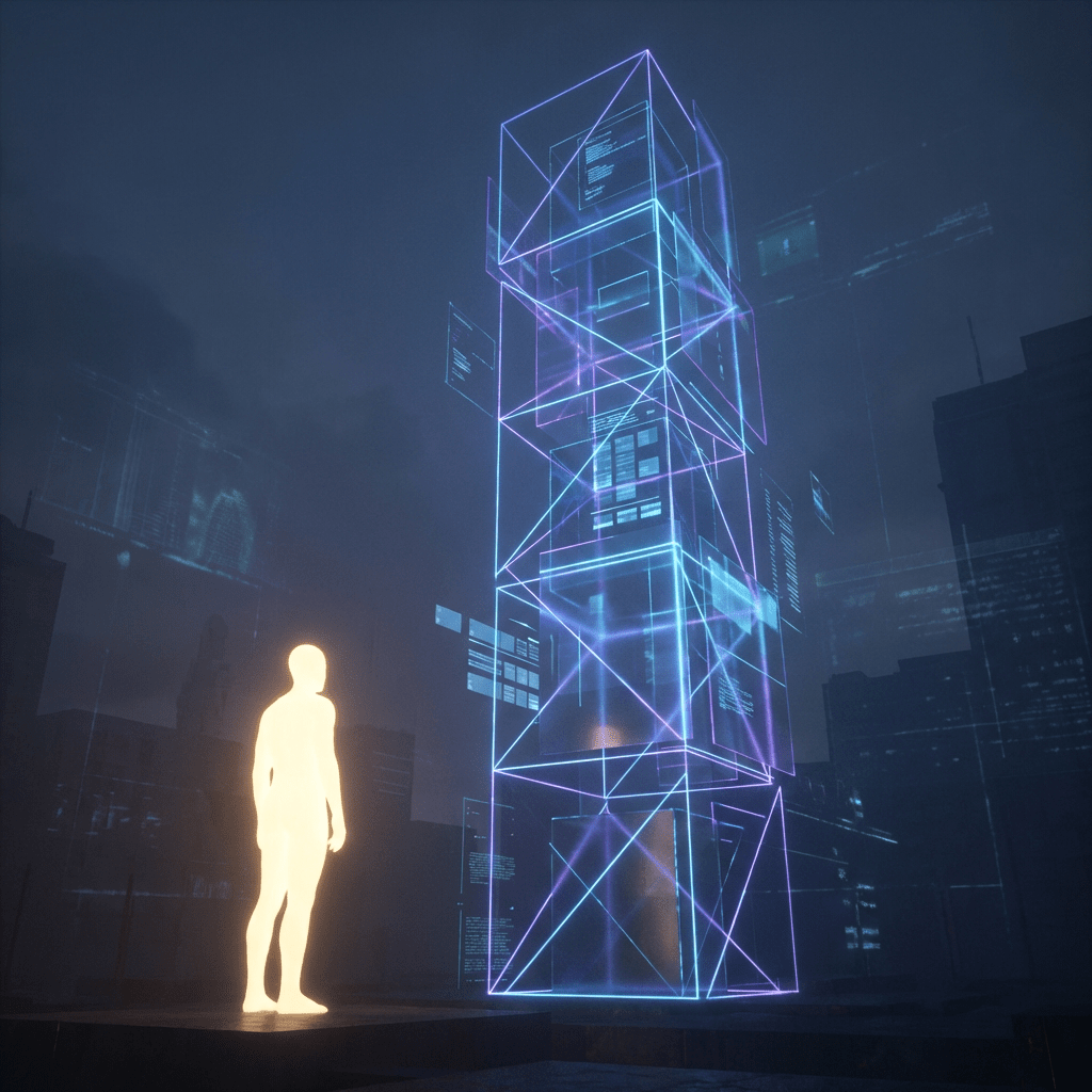 Glowing humanoid figure facing a tall blue wireframe tower amidst floating digital data screens.