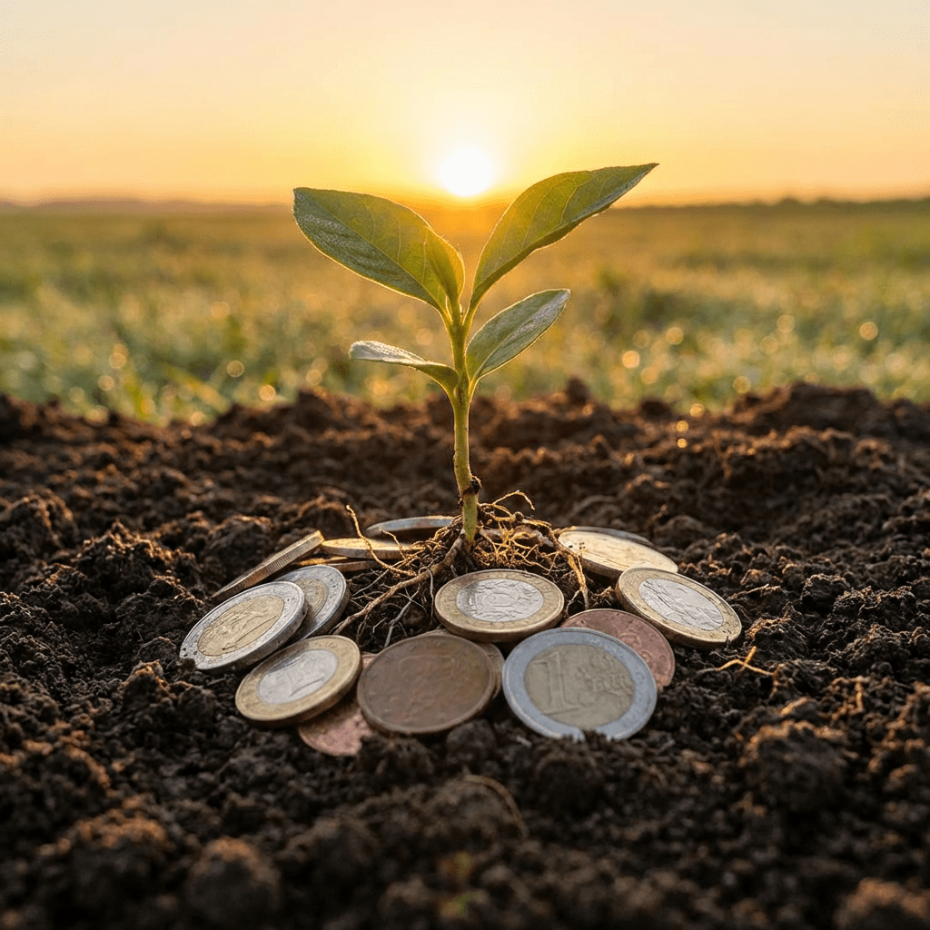 A small green sprout growing from a pile of Euro coins in dark soil.