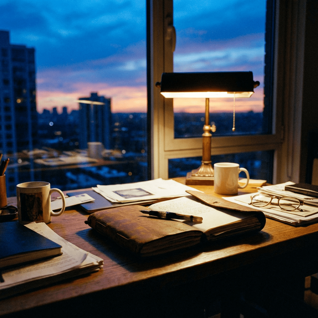 An open leather notebook and pen on a desk lit by a lamp at twilight.