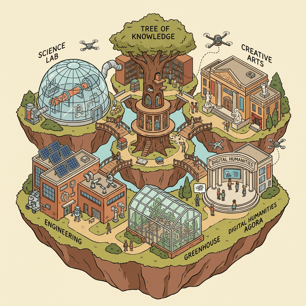 Isometric floating island with Tree of Knowledge, Science Lab, Creative Arts, Digital Humanities, Greenhouse, and Engineering.